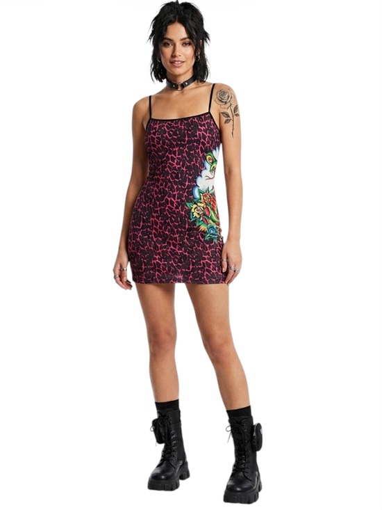 Dresses & Skirts - Ed Hardy mini COBRA ROSES MESH SLIPDRESS Pink Leopard Print Tattoo Graphic